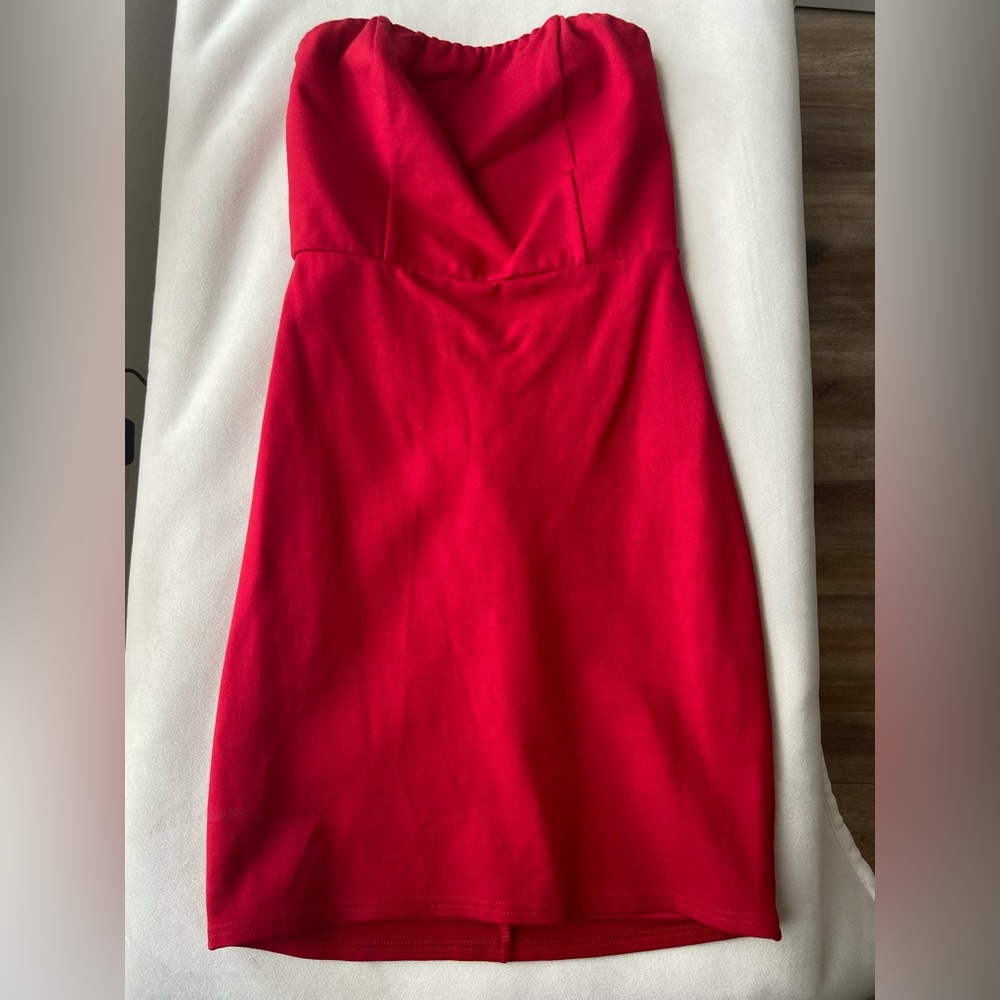 Red strapless cocktail dress
